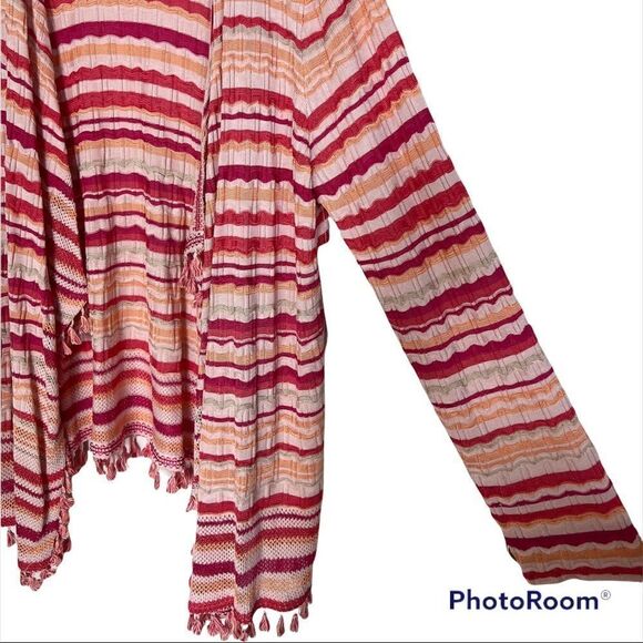 Chico’s Pink Wave Stripe Tassel Boho Open Front Cardigan Size XXL - Picture 8 of 12
